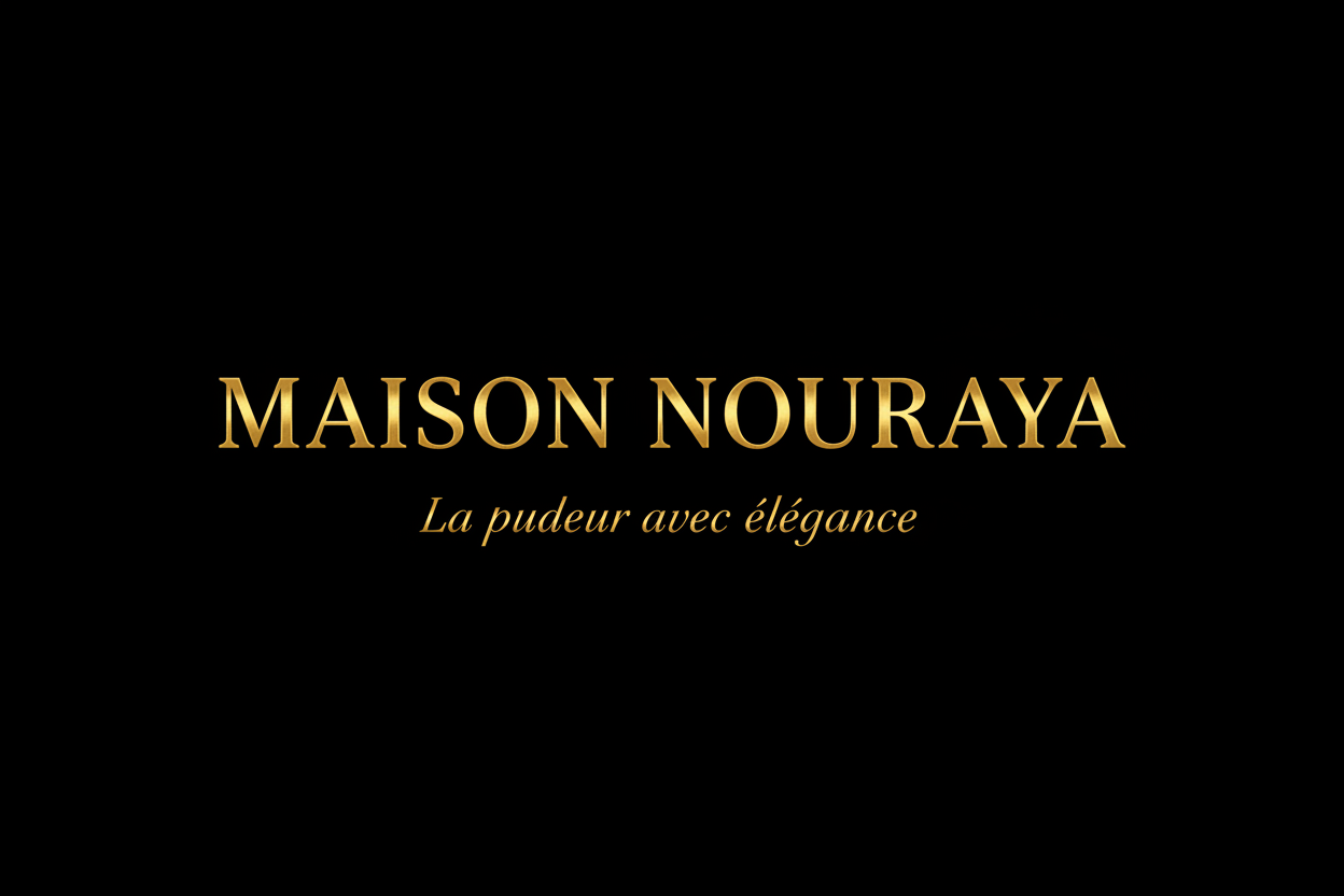 MAISON NOURAYA ecrit en doré et plus bas plus petit et italique: La pudeur avec élégance sur un fond noir